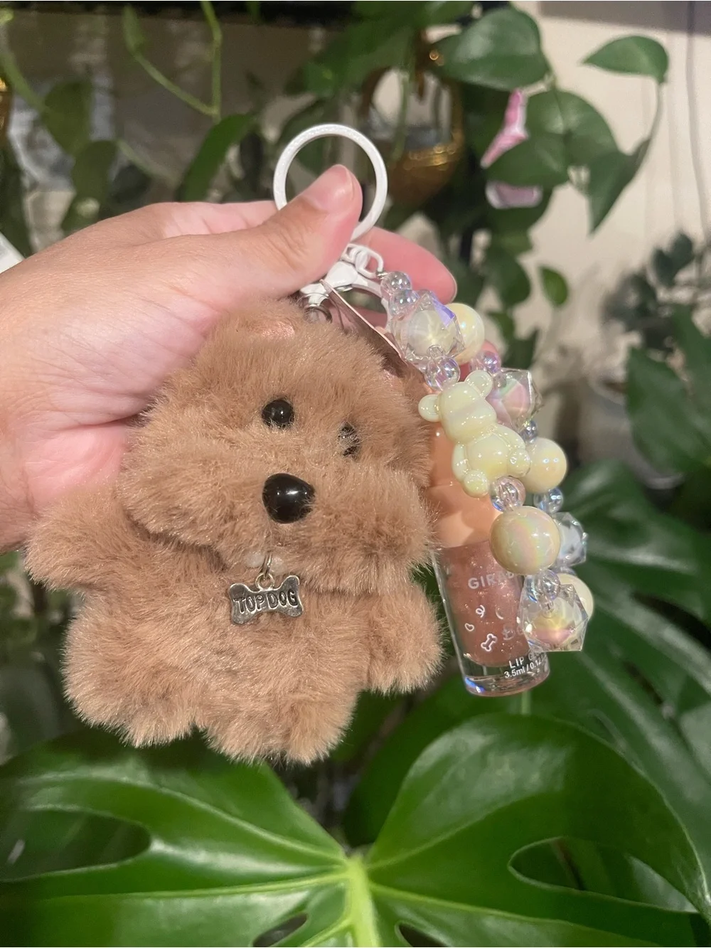 Plush Brown Pom Dog Keychain with Iridescent Beaded Charm
